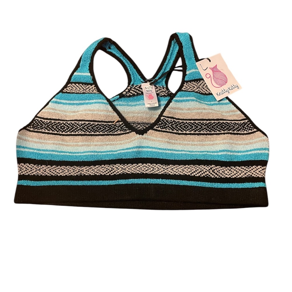 Knitty Kitty Bralette LG  Knit Bra Blue Grey Stripes Pullover Crop Bikini Top